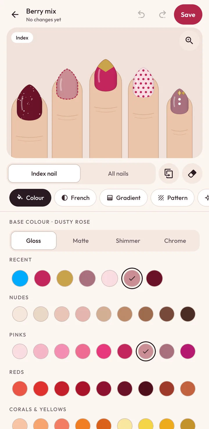 The editor with a hand of five differently painted nails, the index nail selected, finish options and the colour palette below.