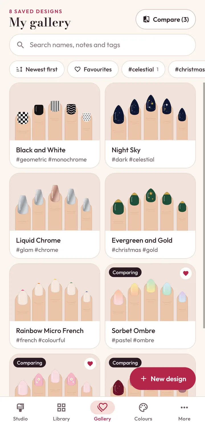 The gallery: a grid of saved designs with tags, a search field and a Compare button.