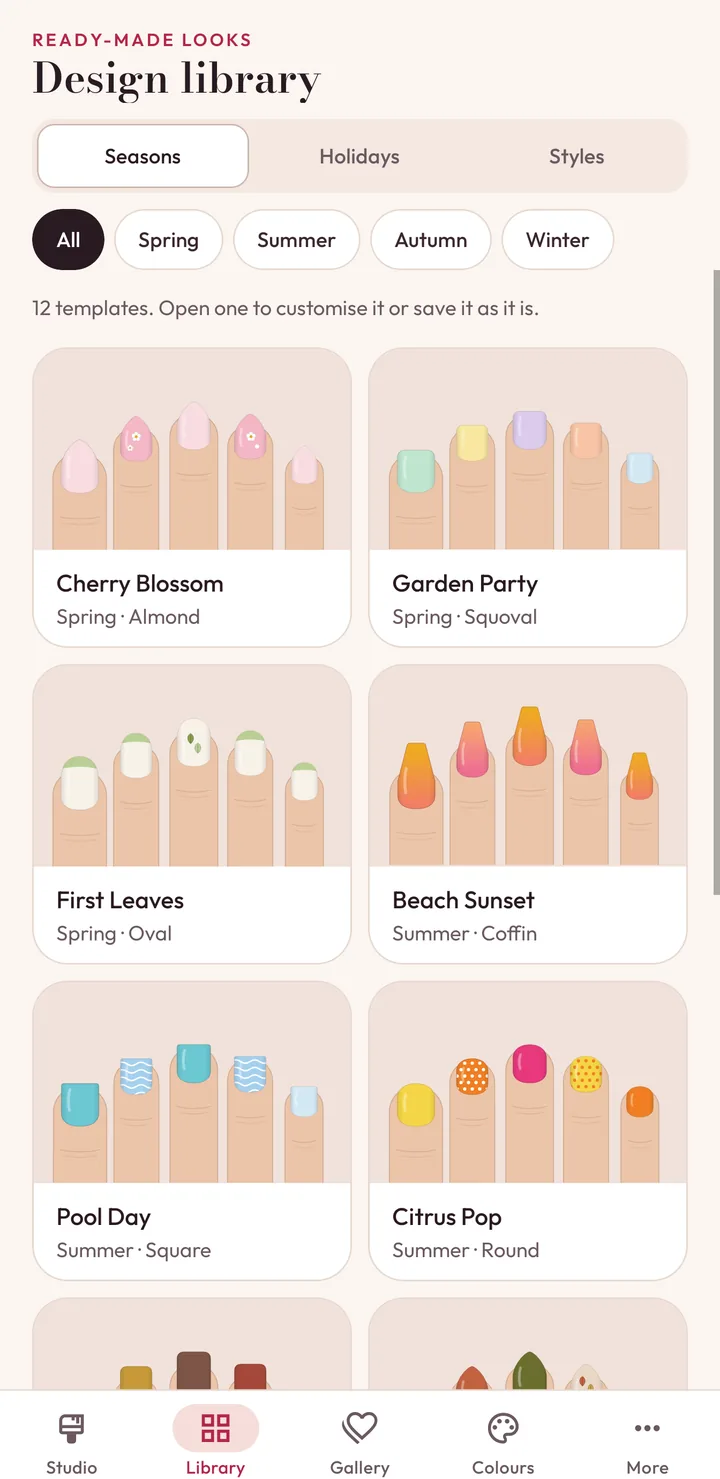 The design library with seasonal templates such as Cherry Blossom, Garden Party and Beach Sunset.