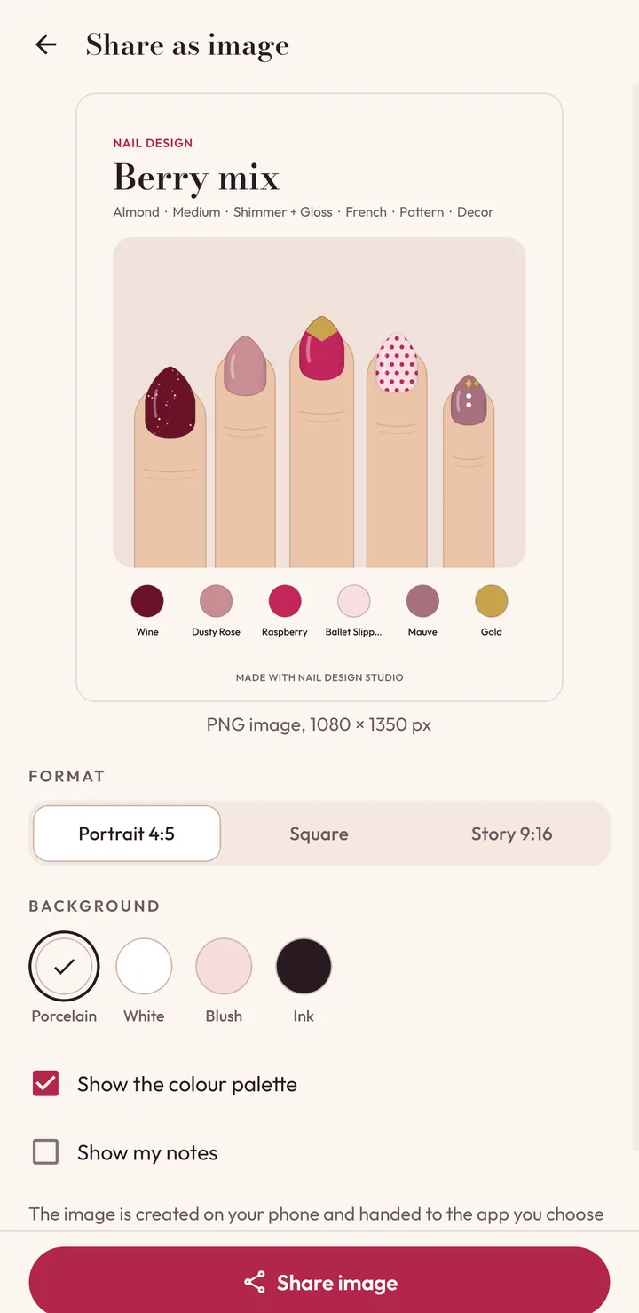 The export screen with a preview of the image, format and background options.