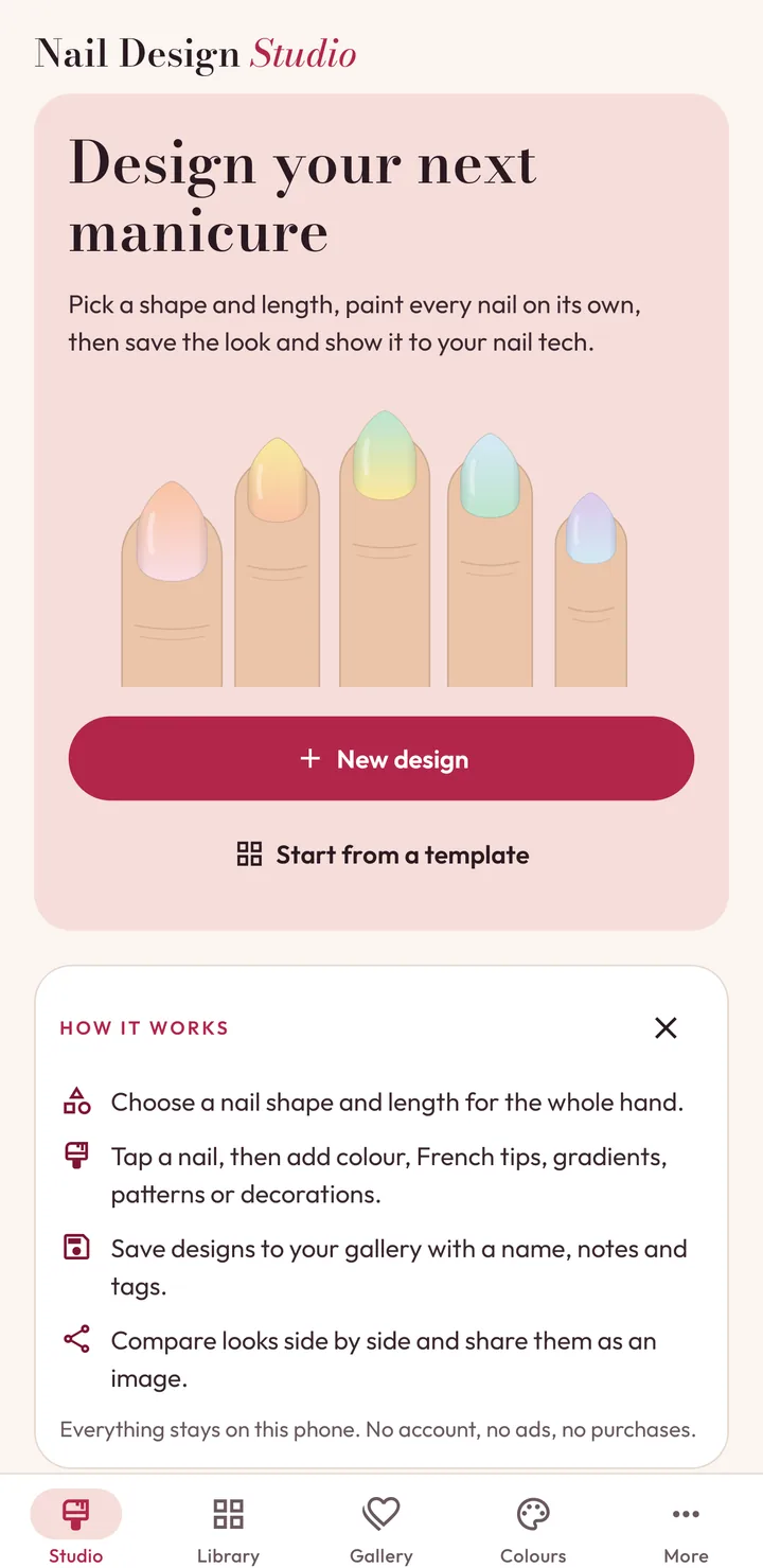 The Studio start screen with a sample hand and the New design button.
